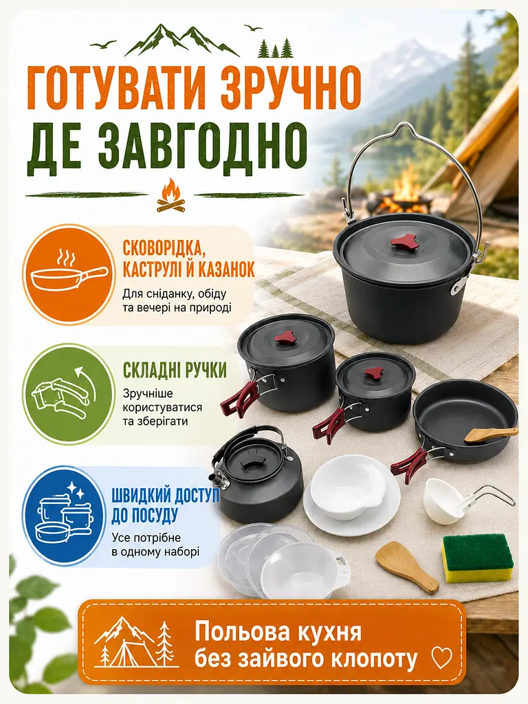 Набір посуду для кемпінгу 15 предметів алюмінієвий з чайником і чохлом для пікніка (49675915) - фото 5
