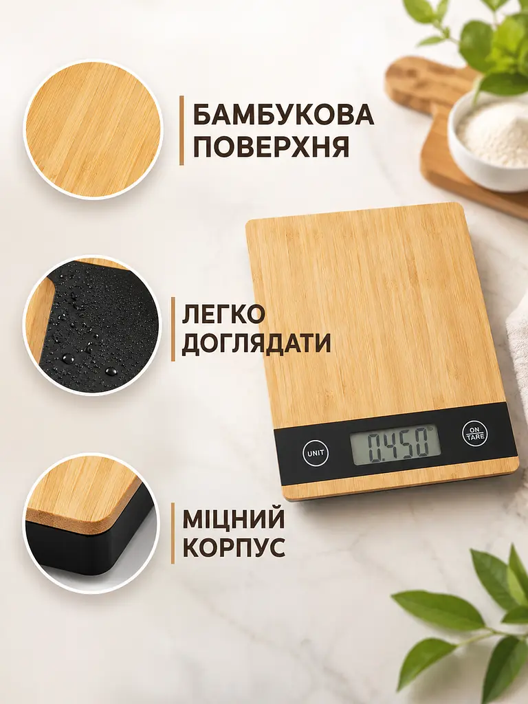 Бамбукові цифрові ваги для кухні до 5 кг з дисплеєм і функцією тари (49676010) - фото 3