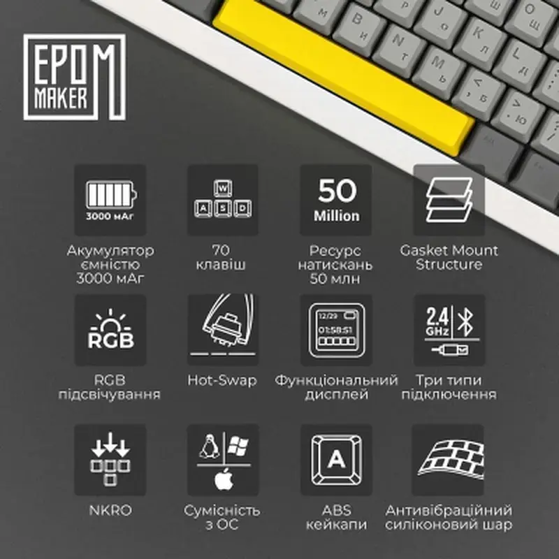 Клавіатура Epomaker Shadow-X 70 Mulan Switch Hot-Swap LCD Screen RGB Wireless/Bluetooth/USB UA White (SHX-W-M) - фото 9
