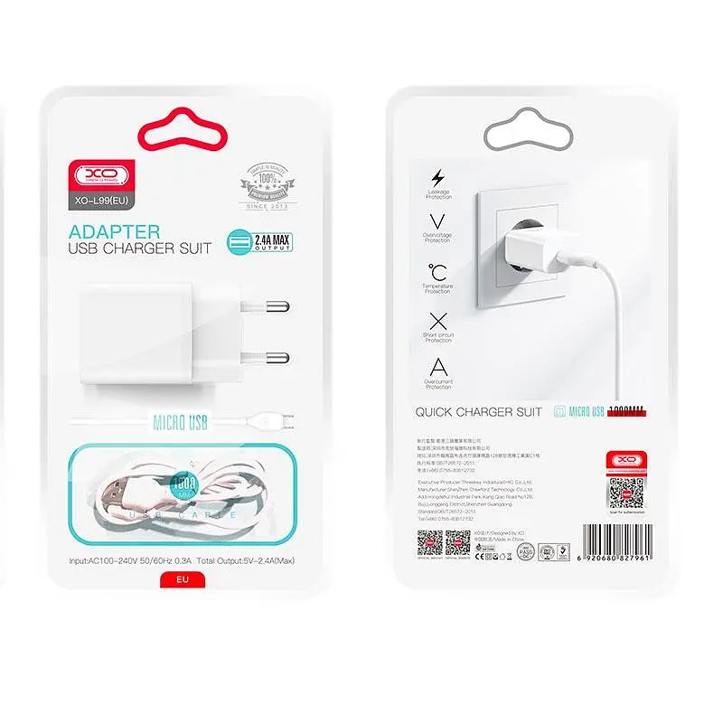 Адаптер сетевой XO Micro USB Cable Home charger L99 | 1USB, 2.4A | - фото 2