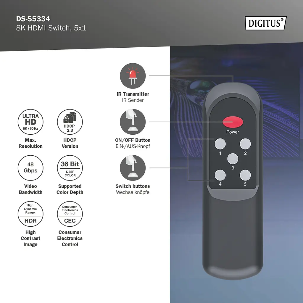 Відеокомутатор Digitus UHD HDMI (INx5 - OUTx1), 8K teh0025046 - фото 7