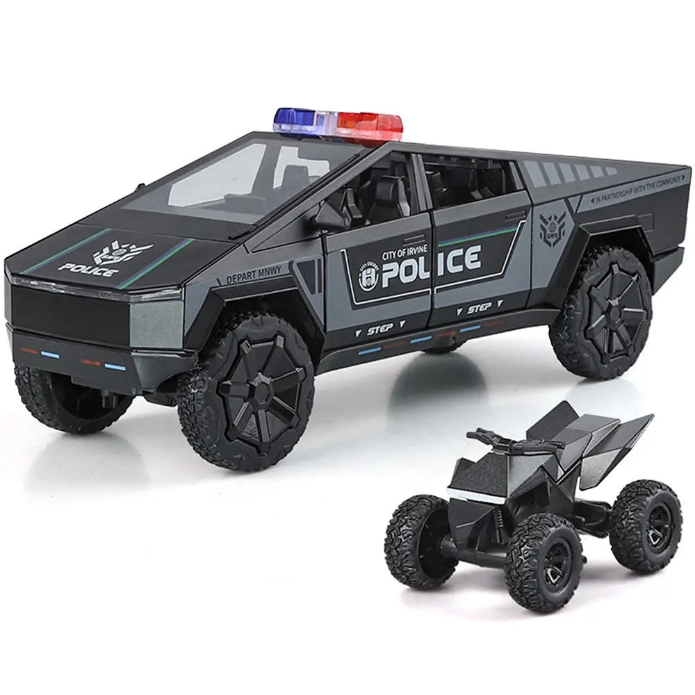 Колекційна металева модель поліцейського автомобіля Tesla Cybertruck Police з квадроциклом, інерцією, світлом та звуком 1:24 - фото 2