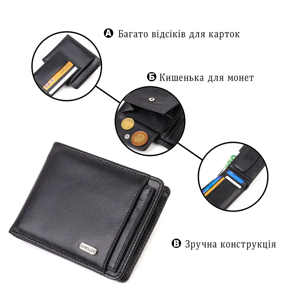 Практичний компактний гаманець із вкладишем для посвідчення для чоловіків з натуральної гладкої шкіри Canpellini 21876 чорний - фото 4