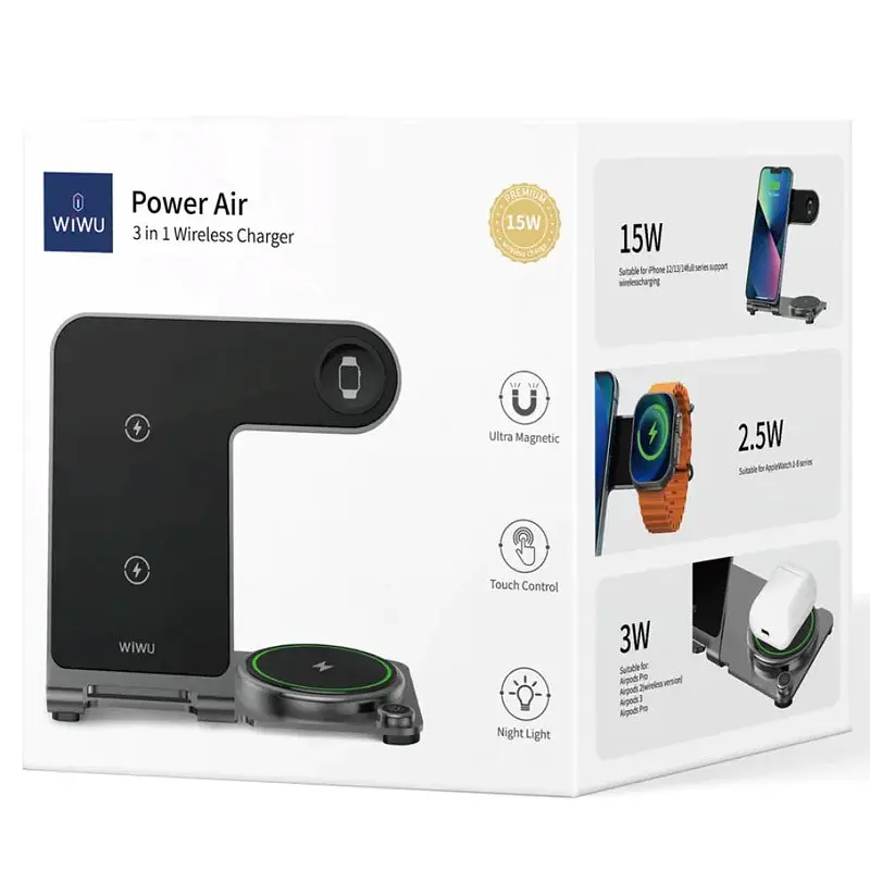 БЗУ WIWU Wi-W005 3 in 1 Wireless Charger Black - фото 5