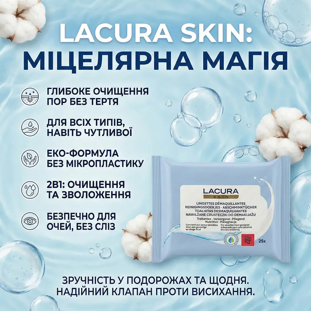Міцелярні вологі серветки для зняття макіяжу Lacura Skin для вразливої шкіри 25 шт. Серветки для швидкого вмивання - фото 2