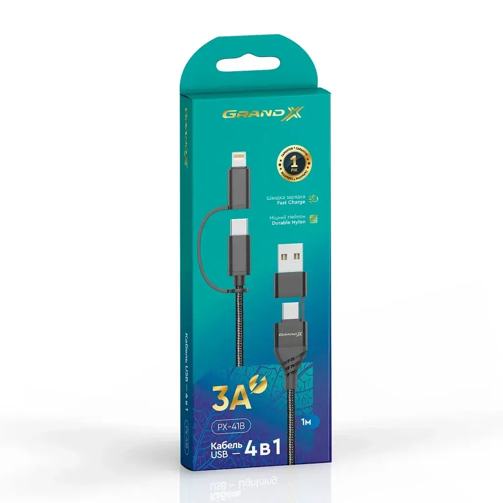Дата кабель USB-C + USB-A to Lightning + Micro 5P + USB-C 1.0m 2.4-3A black Grand-X (PX-41B) - фото 4