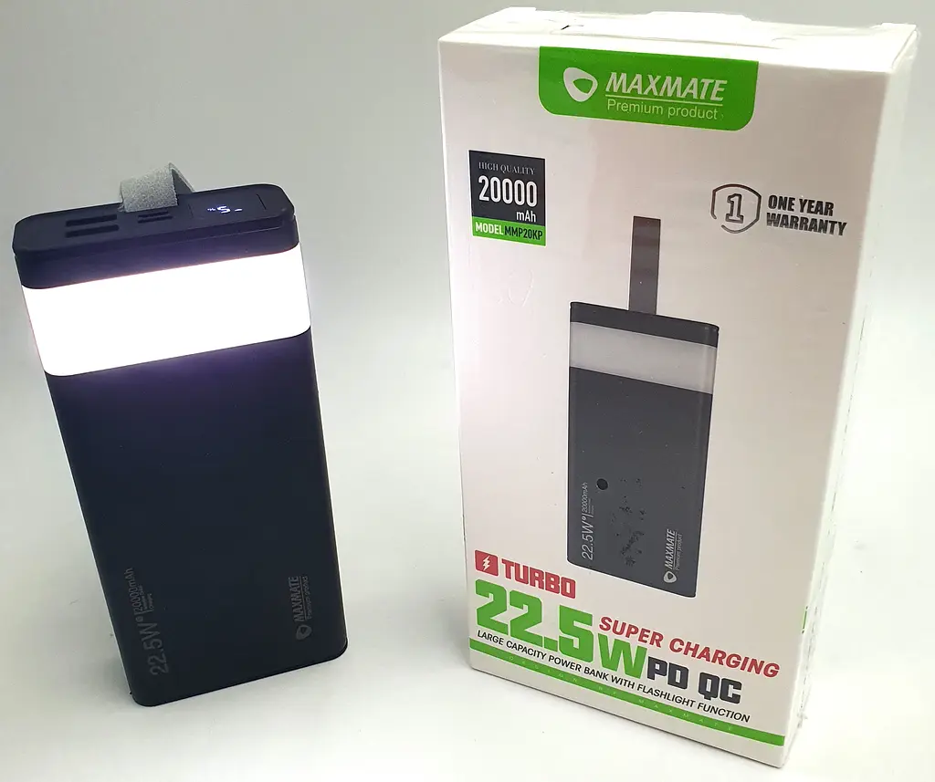 Потужний Повербанк із LED ліхтариком Power Bank із швидкою зарядкою 20000mAh 2USB /Type-C PD/QC 5A/22.5W Maxmate MMP20KP чорний