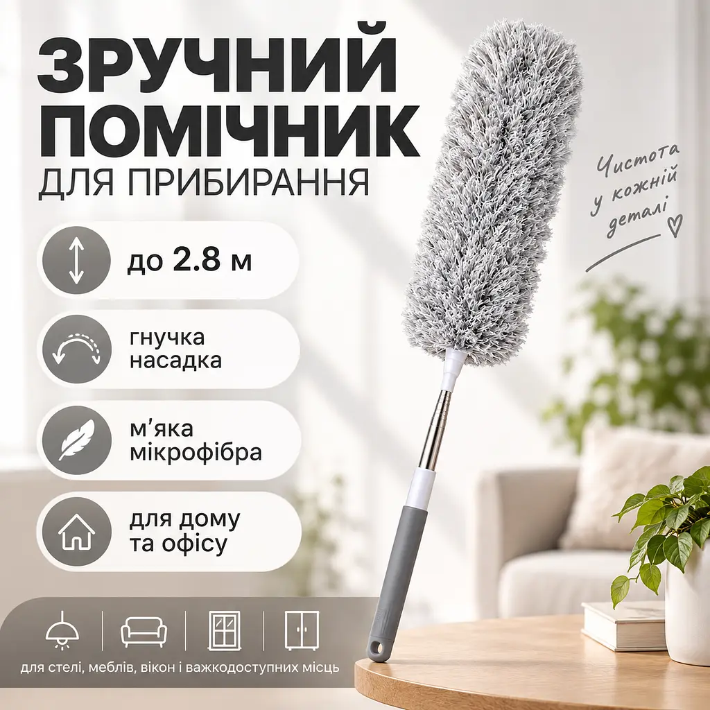 Телескопічна щітка для прибирання пилу до 2,8 м з насадкою з мікрофібри — гнучка щітка для стелі, шаф KT9004301 - фото 6