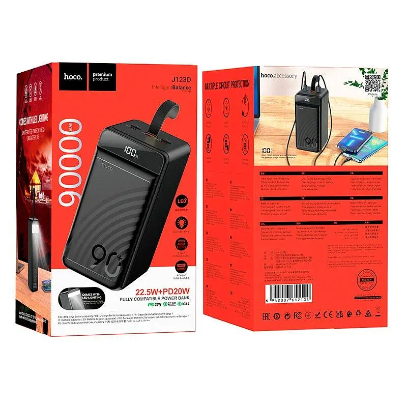 УМБ портативне зарядне 90000mAh 22.5W 3A зі швидкою зарядкою PD/QC зовнішній акумулятор універсальні порти 3USB/Type-C/Lightning LED-дисплей вбудований ліхтар повербанк - фото 8