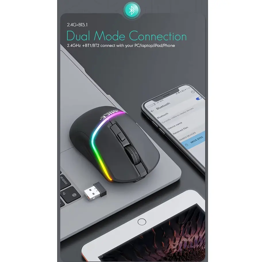 Игровая мышь беспроводная iMICE G-902, 6 кнопок, аккумулятор, 4000 DPI, 2.4Ghz, Bluetooth 5.1 - фото 4