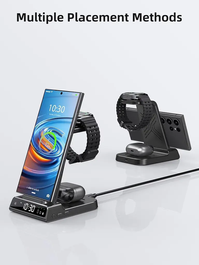 Бездротова зарядна станція 3-в-1 для Samsung Galaxy (S25/S24/S23/S22, Watch, Buds) з годинником, чорна - фото 3