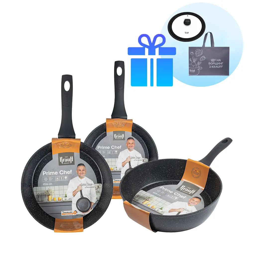 Набір глибоких сковорідок 24см, 26см та 28см Prime Chef Krauff + кришка скляна універсальна Krauff та сумка шопер - фото 10