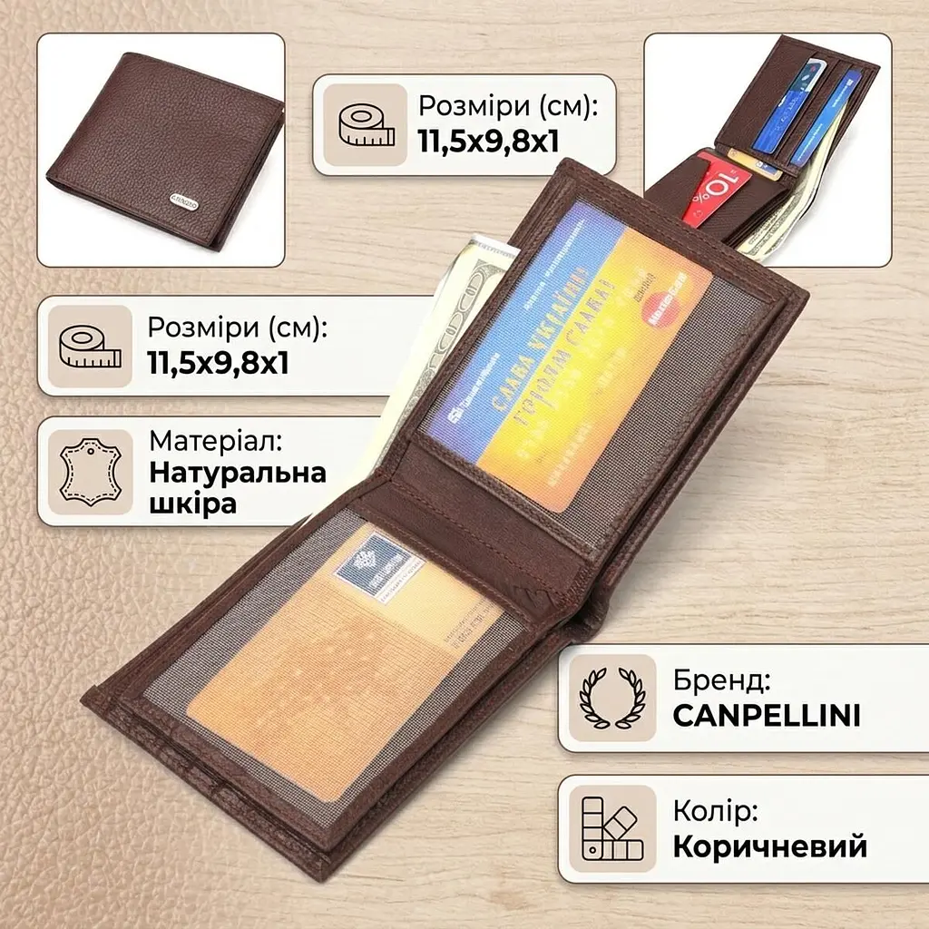 Практичний гаманець для чоловіків у два складення з натуральної шкіри флотар Canpellini 21586 коричневий - фото 3