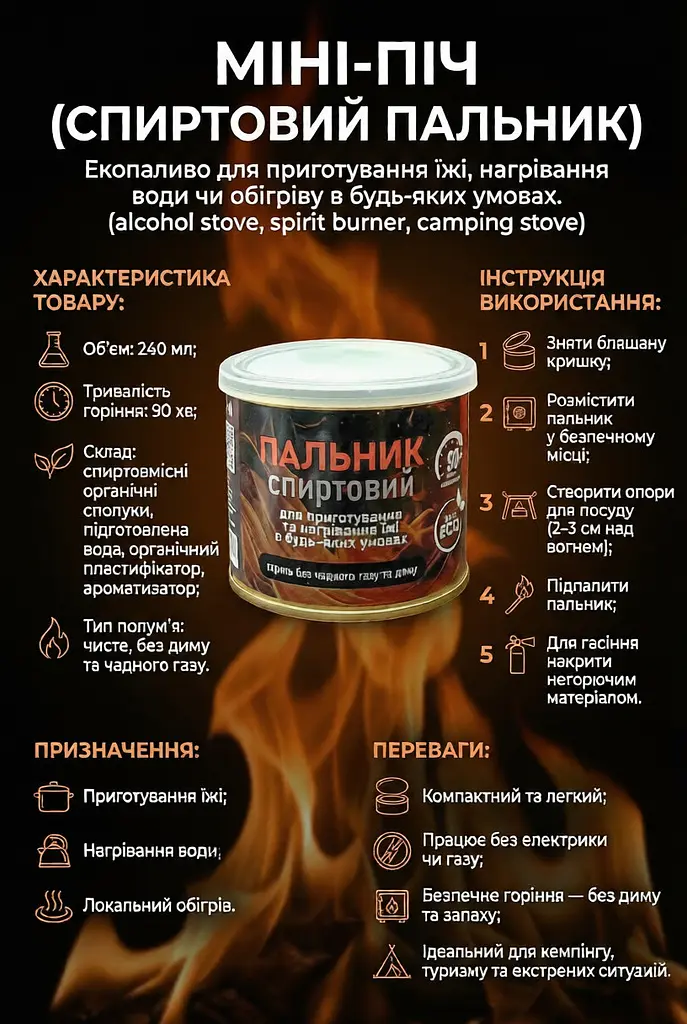 Спиртовий пальник Energy of Nature міні-піч для приготування та нагрівання їжі 240 мл - фото 2