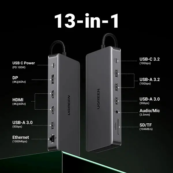 Док-станція USB3.2 Type-C --> HDMIx2,4K60Hz/4xUSB-A/2xUSB-C3.2/DP4K60Hz/RJ45/SD/TF/AUX PD 100W CM681 - фото 6