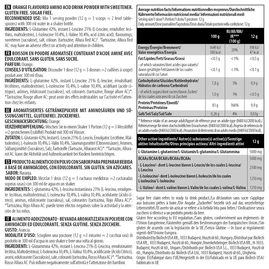 Амінокислоти BiotechUSA BCAA+Glutamine Zero Апельсин 480 г - фото 2