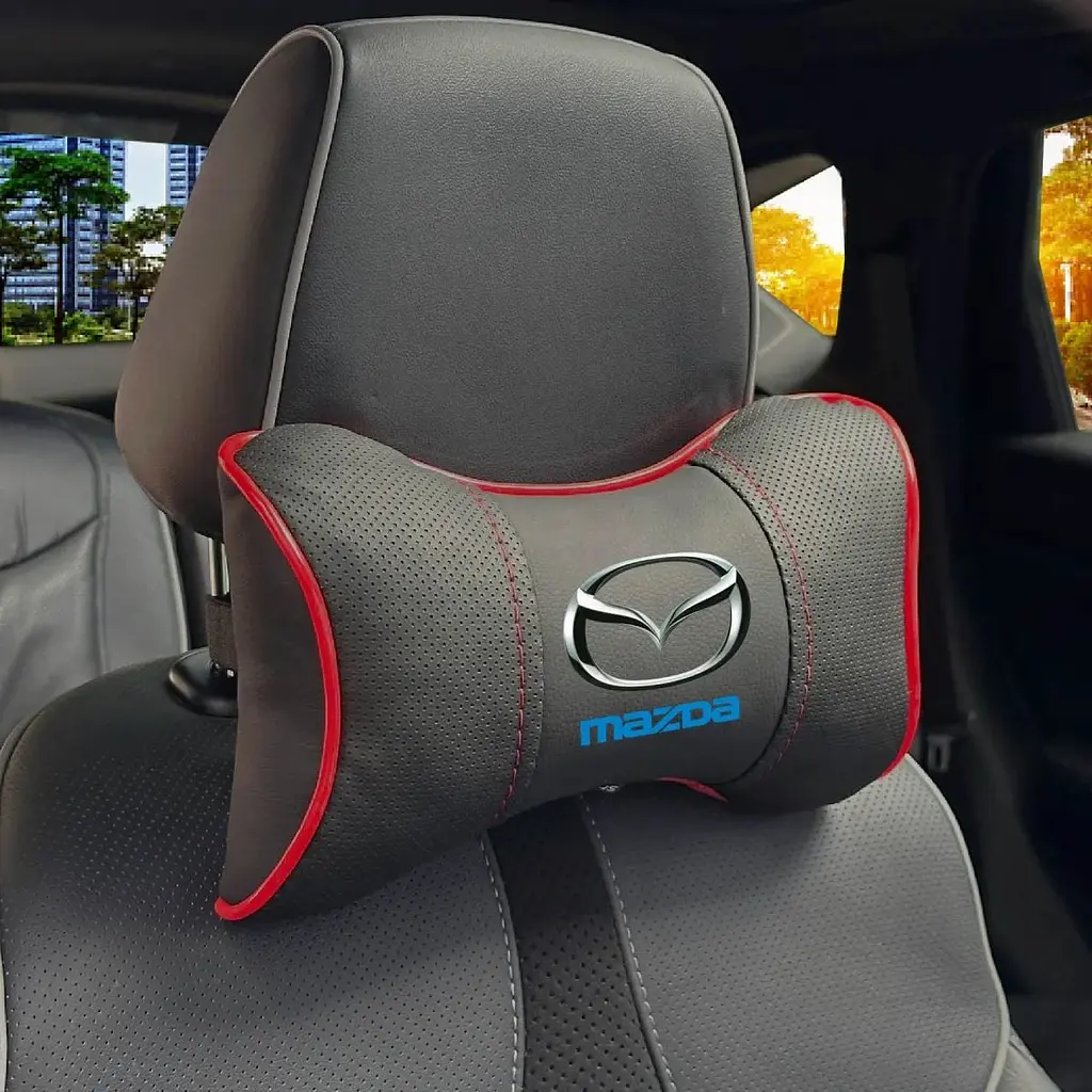 Подушка на підголівник з логотипом Mazda Екошкіра 3D Кольоровий лого Чорна-Червоний кант 1 шт