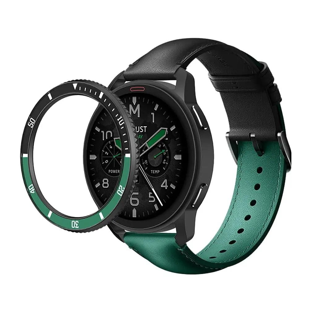 Безель і шкіряний ремінець Sikai для смартгодинника Xiaomi Watch S3/S4 Black-green - фото 2