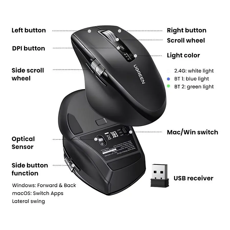 Мишка UGREEN 2.4GHz&BT M751 Ergonomic Contoured-Shape, бездротова, 5000dpi., 5кн., Чорна - фото 4