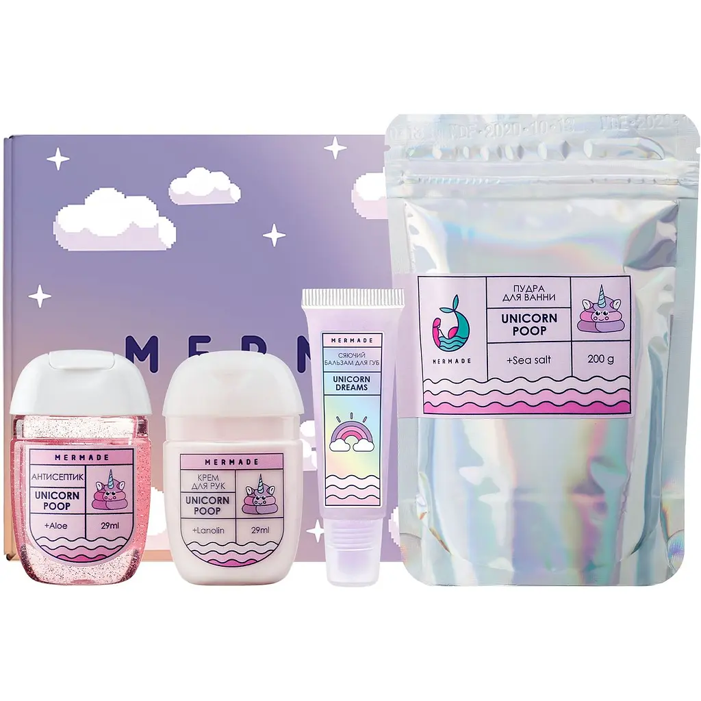 Набор Mermade Unicorn Poop, антисептик, 29 мл + крем для рук, 29 мл + бальзам для губ, 10 г + пудра для ванны, 200 г - фото 2