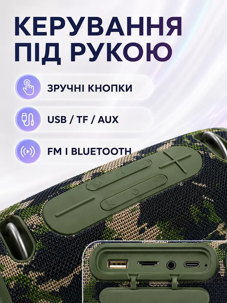Портативна Bluetooth колонка 20 Вт з басом і LED-підсвіткою 25×10,8×10,7 см камуфляжна (49676322) - фото 6