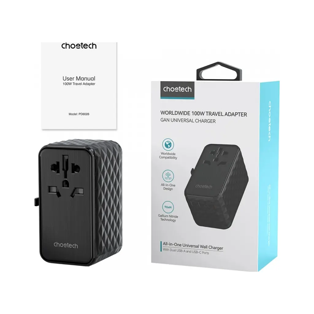 Зарядний пристрій Choetech 4xUSB 100 Вт PD (2xUSB-C + 2xUSB-A), модель Diamond, чорний (PD6028-BK) - фото 4