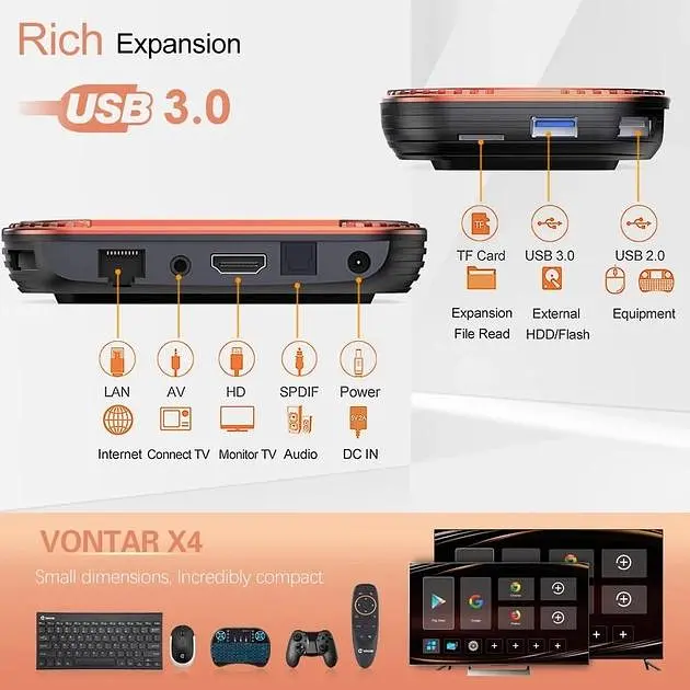 Смарт ТВ 8K HDR приставка Android SmartTV Box Vontar X4 4/64Gb Amlogic S905X4 Android 11.0, медіа плеєр, YouTube та фільми без реклами, налаштування Android TV у подарунок - фото 3