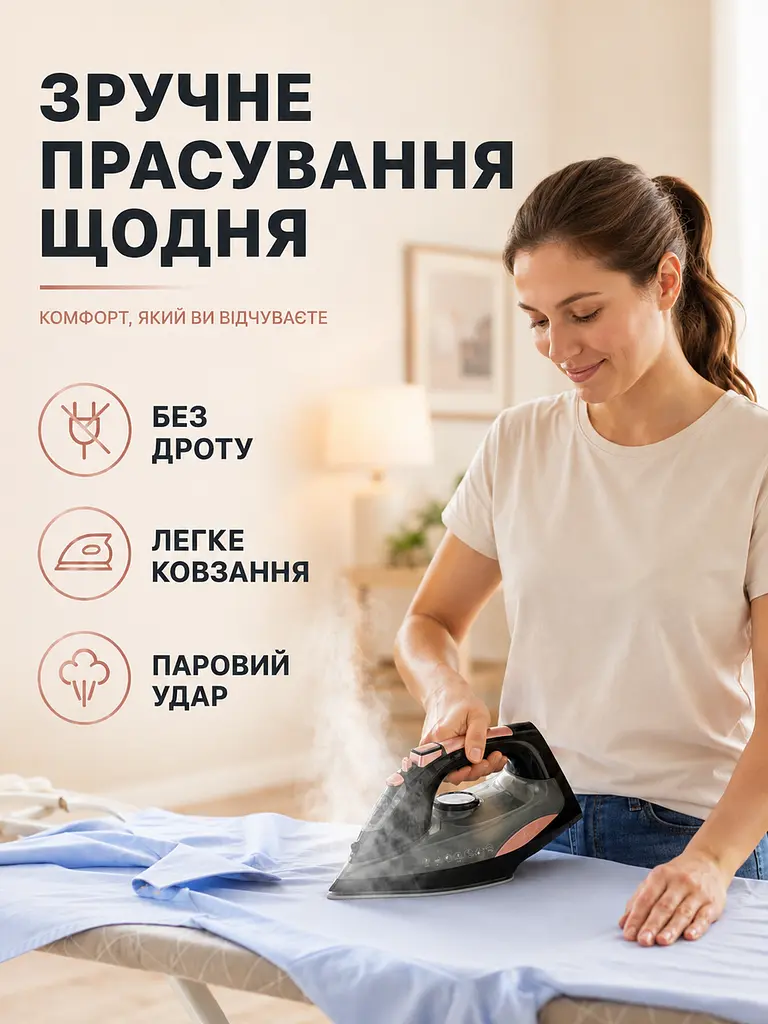 Праска бездротова парова 2400 Вт із керамічною підошвою, вертикальним відпарюванням і базою 350 мл, чорна з рожево-золотистими - фото 4