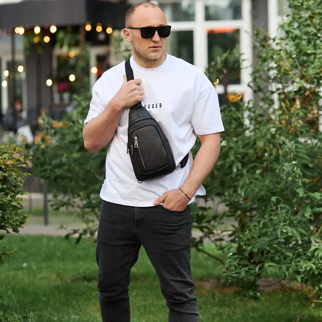 Сумка слінг чоловіча через плече 19х31х7 з натуральної шкіри TIDING BAG 32545 чорна 19 см - фото 10