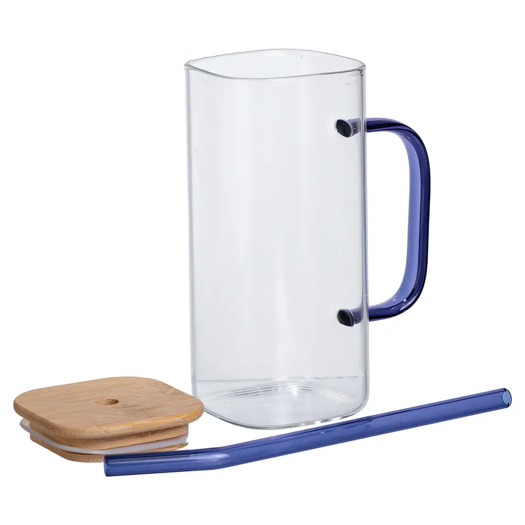 Чашка стеклянная 400 мл с бамбуковой крышкой и синей трубочкой Голубой Yiwu HP-19-146BL - фото 3