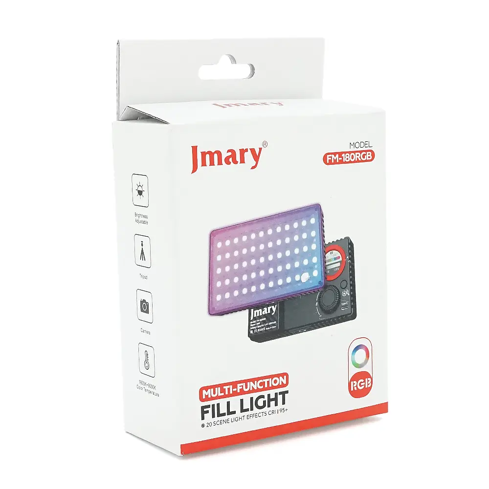 Накамерний надпотужний відеосвітло Jmary FM-180RGB, 20 Вт, RGB, CRI 95+1800-9000К, вбудований аккум 3300mAh, 128x78x26мм, Box - фото 2