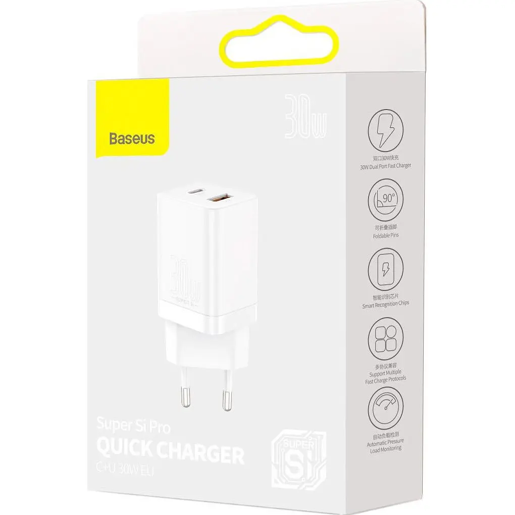 Мережевий зарядний пристрій Baseus Super Si Pro 30W USB-C + USB-A White (CCSUPP-E02) [69676] - фото 6