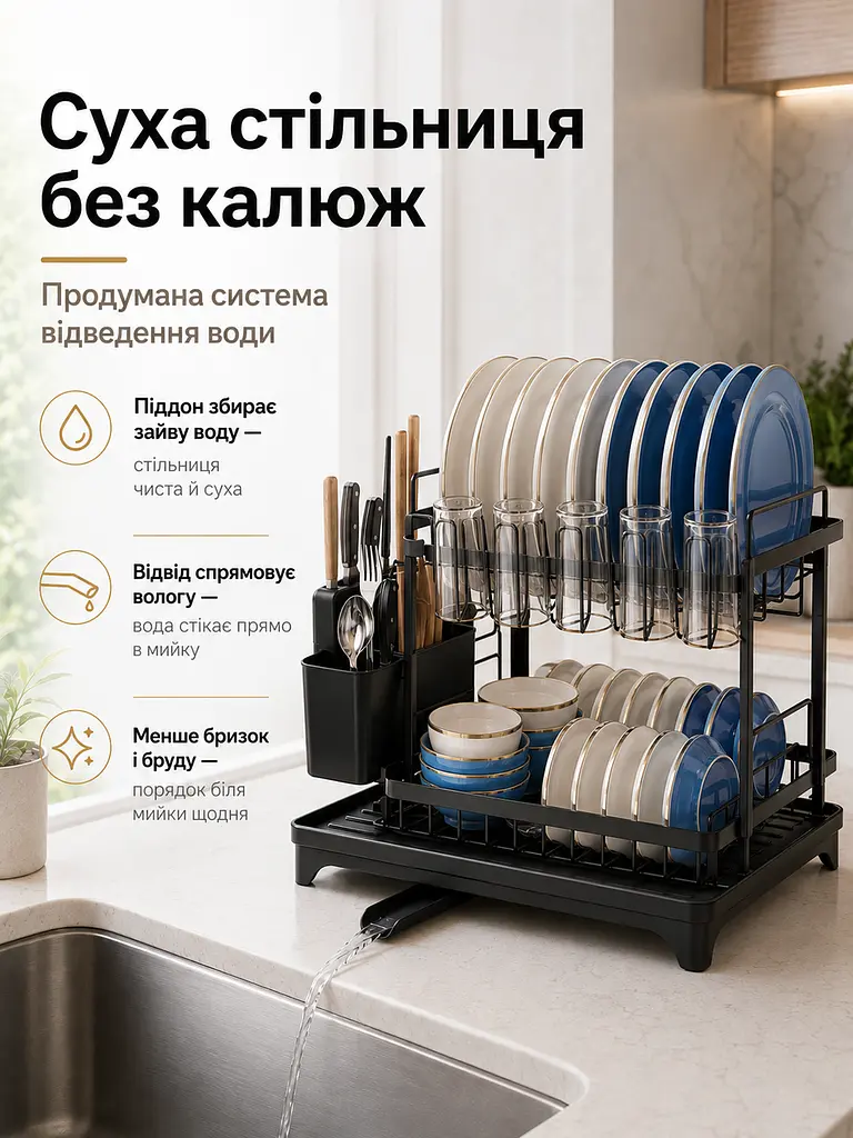 Дворівнева сушарка для посуду 42x29x29 см з піддоном і відводом води, чорна (49675897) - фото 4