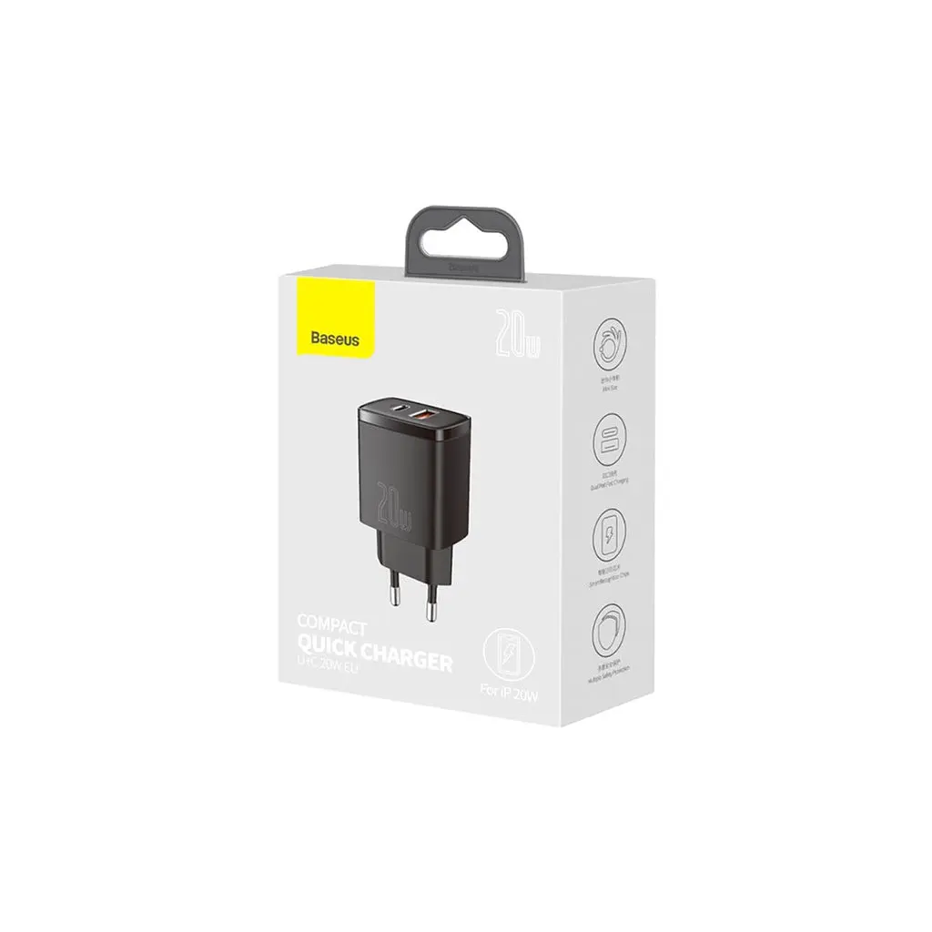Зарядний пристрій Baseus Compact швидке заряджання USB-A + USB-C 20 Вт EU чорний (CCXJ-B01) - фото 3