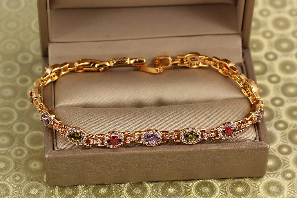 Браслет Xuping Jewelry Мозаїка з темними різнокольоровими каменями 21 см 6 мм золотистий