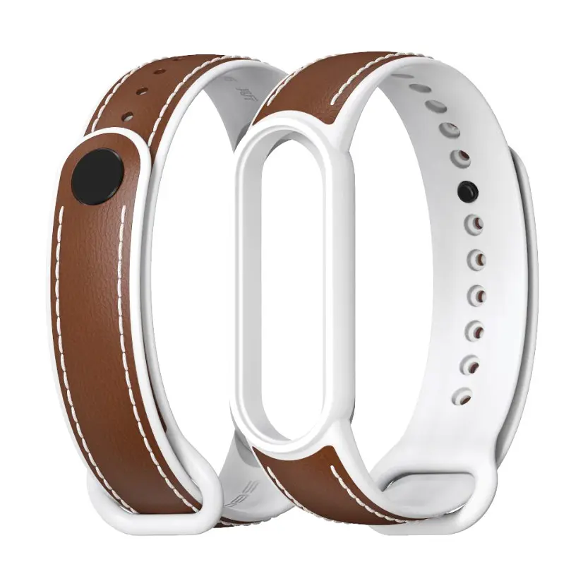 Ремінець для Xiaomi Mi Band 5/6 силікон + шкіра MiJobs Коричнево Білий (1540704) - фото 2