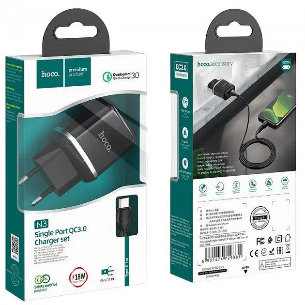 Мережевий зарядний пристрій Hoco N3 Special single port 1 USB, QC3.0 + USB Cable Type-C 3A Black - фото 7