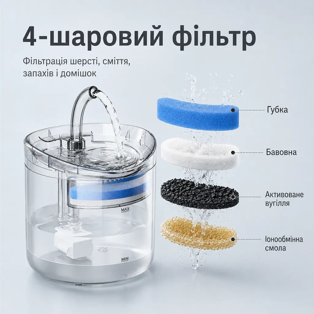 Фонтан для котів Pet Fountain WF060 1,8 л з фільтром, Прозорий - фото 8