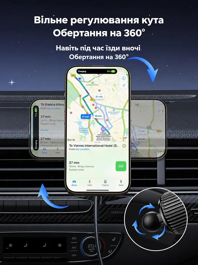 Магнітний автомобільний тримач із бездротовим заряджанням UGREEN MagFlow W708 із кріпленням-гачком у дефлектор Qi2 до 15 Вт вхід живлення USB-C PD/QC для iPhone 12 і новіших з iOS 17.2 обертання на 360° з LED-підсвічуванням кабель USB-C ↔ USB-C 1 м у комплекті сіро-чорний (35970) - фото 7