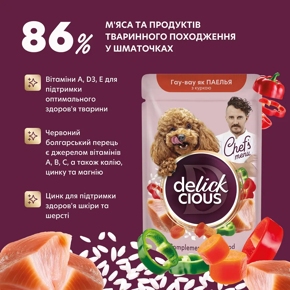 Вологий корм додатковий для собак Delickcious паелья з куркою, рисом та овочами 85 г    - фото 5
