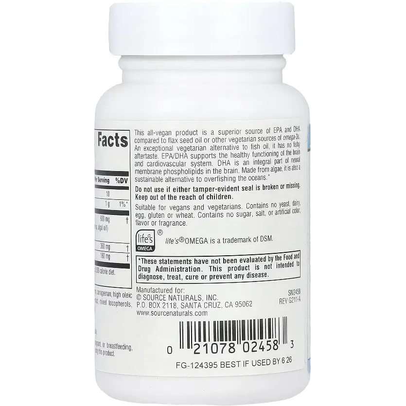 Омега-3 Source Naturals Omega-3s EPA-DHA для веганов 300 мг 30 капсул (SNS-02458) - фото 3