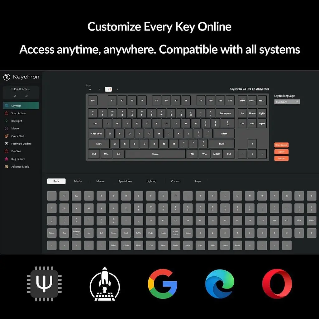 Клавиатура Keychron C3 Pro V2 87Key K pro Red USB-A QMK Hot-swap 8K EN/UKR RGB Black (C3PX-H1-UA) - фото 12