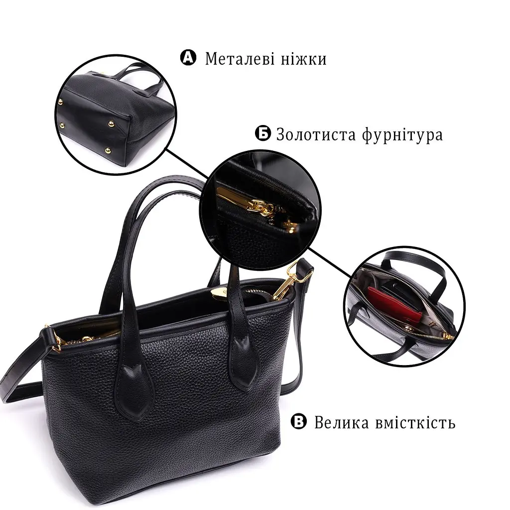 Містка сумка з двома ручками з натуральної шкіри Vintage 22286 чорна - фото 6