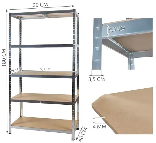 Стелаж металевий Malatec 23768 180x90x40 см, 5 поліць, 875 кг, для гаража - фото 3