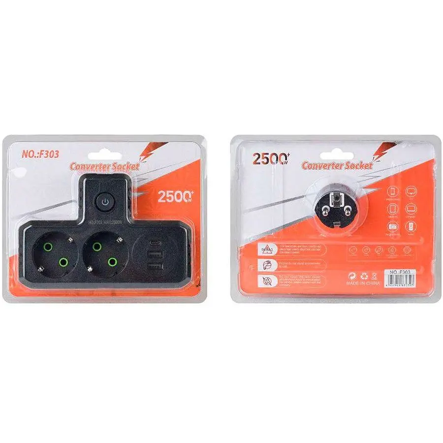 Розетка-измельчение с заземлением Voltronic F-303 Black, 2 розетки + 3 USB(1 А) + Type-C, 2500 W, 10A, 220V - фото 4