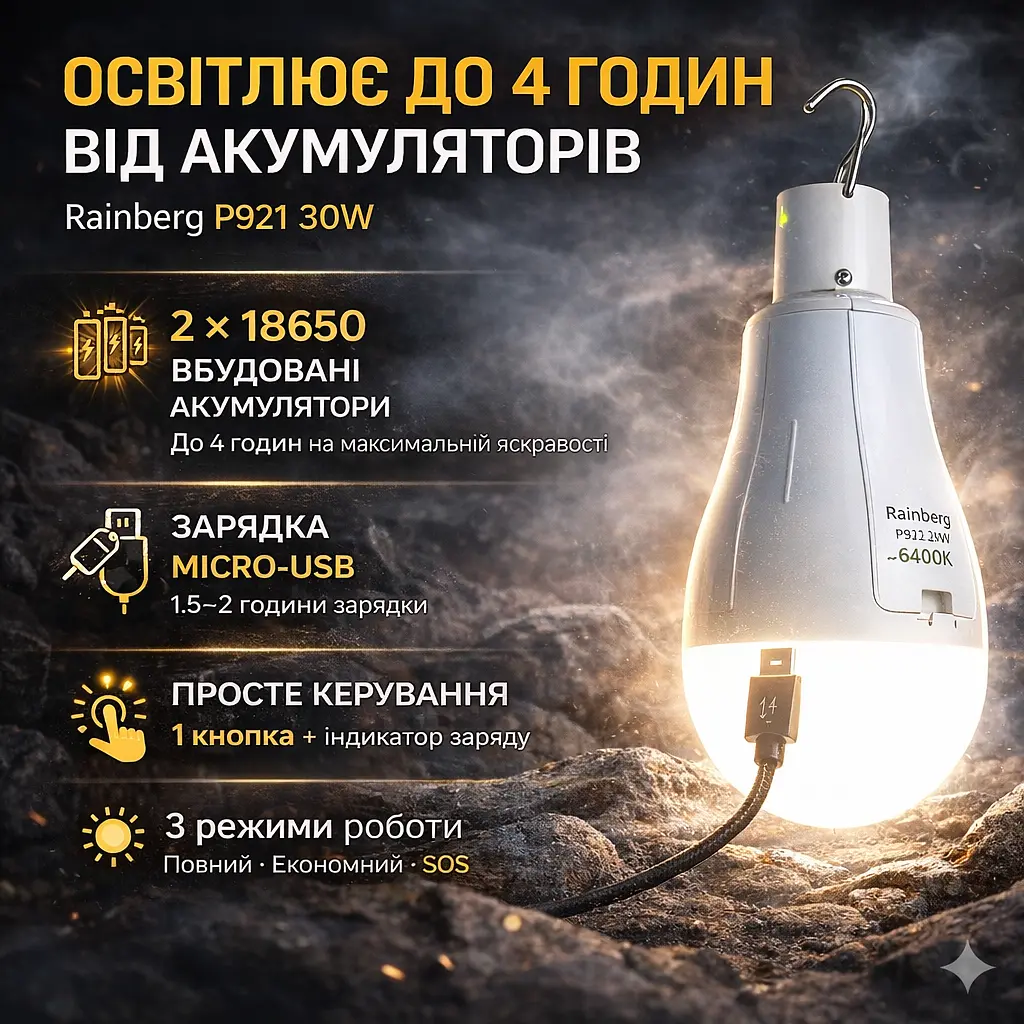 Лампочка кемпінгова Rainberg P921 30W акумуляторний, 1500 лм, холодне світло 6400K, 3 режими - фото 2
