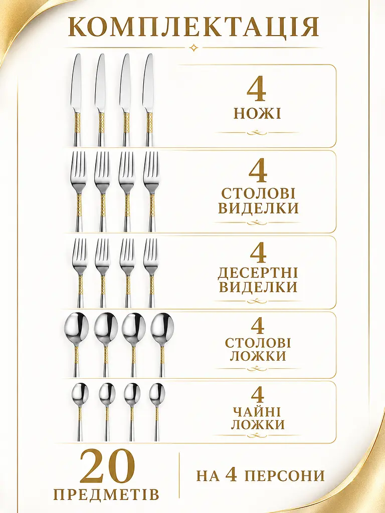 Набір столових приборів 20 предметів з нержавіючої сталі із золотим візерунком (49676069) - фото 4