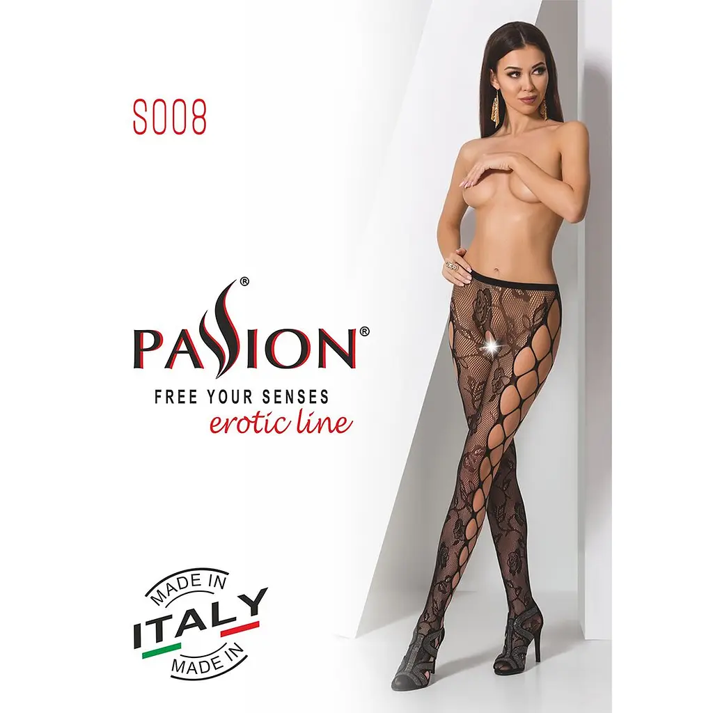 Еротичні колготки-бодістокінг Passion S008 black, ажурні колготки з вирізом та лампасами-сіткою - фото 7