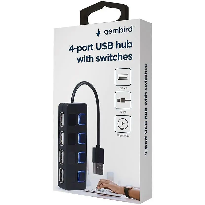 USB-Хаб Gembird 4 порти USB 2.0 UHB-U2P4-05, пластик, чорний (UHB-U2P4-05) - фото 3