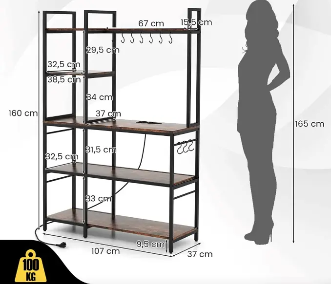 Стелаж Costway Kamel 5-ярусний з 2 розетками в стилі Loft - фото 3